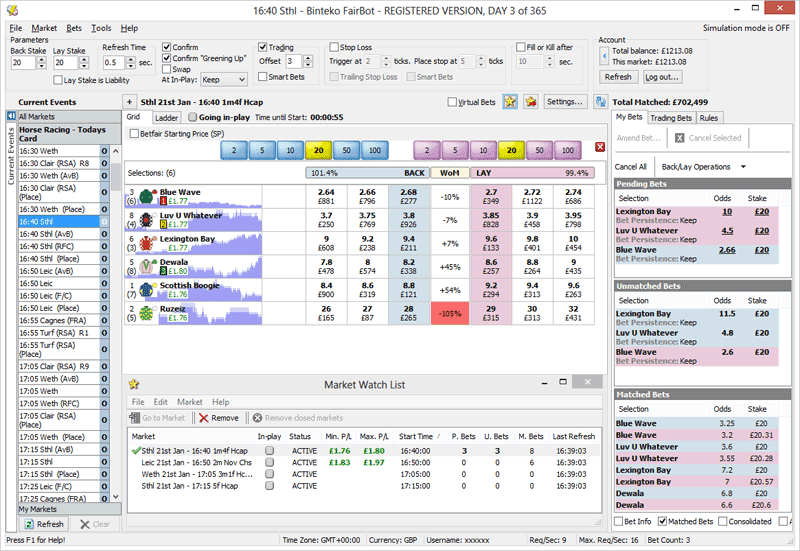 Enhanced betting interface to the Betfair